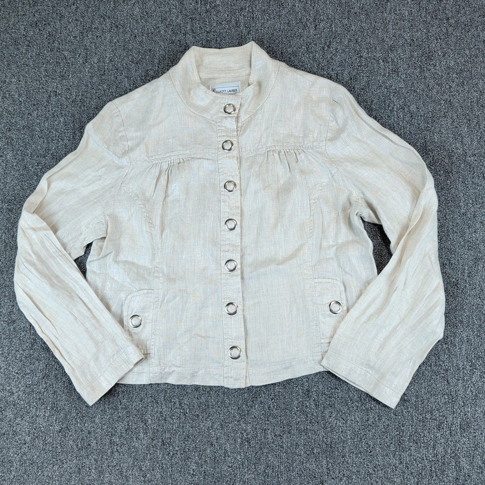 Elliott Lauren Vintage Y2K Jacket Women 12 Beige Metallic 100% Linen Shacket USA